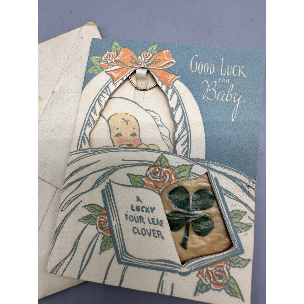 1946 Legget Dept Store Baby Birth Luck W Gold Ring 4 Leaf Clover